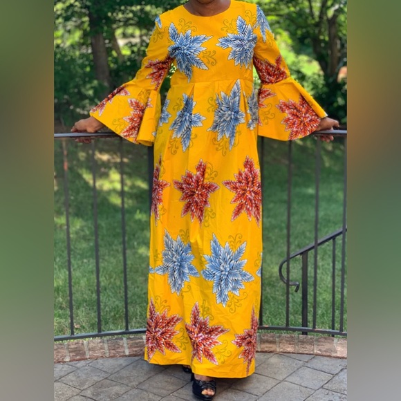 Yellow African Print Ankara Long Sleeve Handmade Maxi Kaftan Dress - Picture 1 of 4